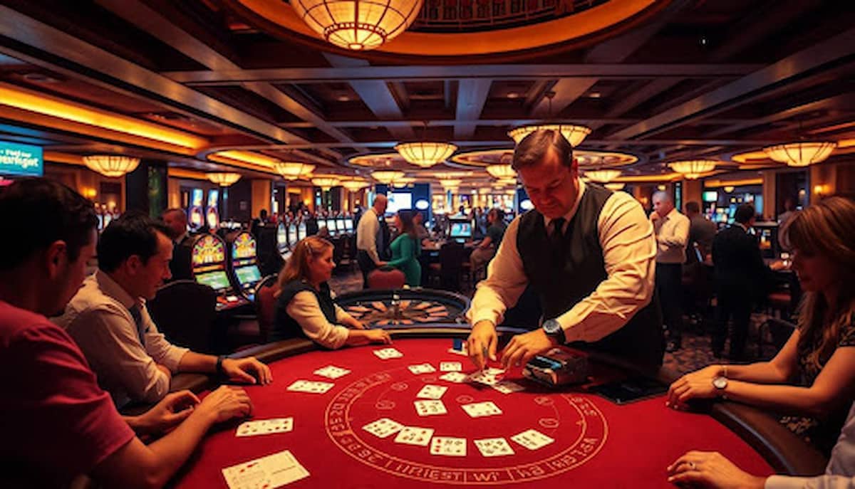 Blackjack table at a casino with cards and chips in play
