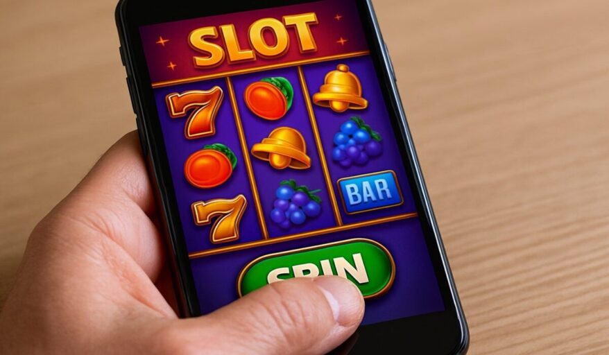 Player tapping spin on a smartphone slot game