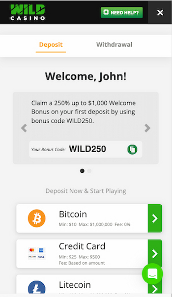 Depositing and claiming the Wild Casino bonus