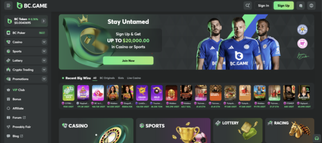 BC Game homepage screenshot 
