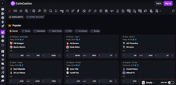 coincasino crypto sportsbook user interface