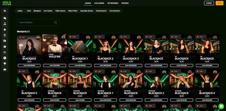 Wild Casino live betting page with over 25 blackjack tables and more available for online casino Arizona fans