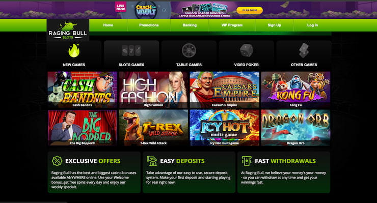A screengrab of Raging Bull's game selection for US players.