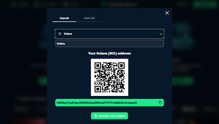Deposit process on best Solana casino