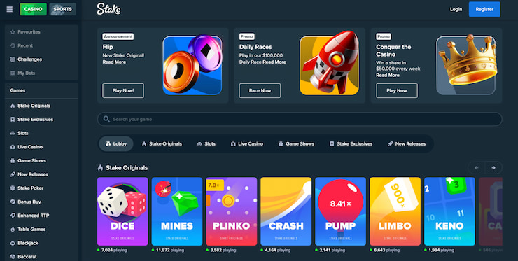 A screenshot of Stake casino home page featuring stake original games
