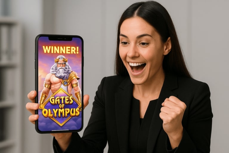 woman winning a Gates of Olympus game on her mobile